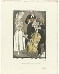 Gazette du Bon Ton, 1920 - Nº 9, Pl. 66: O Maitre el Relicario / Vestido de jantar debruado com fita (título no objeto)