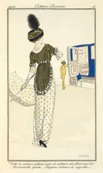 Vestido de veludo riscado preto e auburn sobre bainha de frissonnette pintada à mão. Chapéu de veludo e aigrette.
