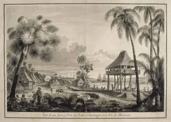 MALASPINA, Alejandro (1754-1809). Navegador e explorador italo-espanhol; BRAMBILA, Fernando (1763-1834). Pintor. Expedição Malaspina. Filipinas (1792). Aldeia de Zamboanga. Desenho de Fernando Brambila. Desenho. ESPANHA. MADRID (COMUNIDADE AUTÓNOMA).