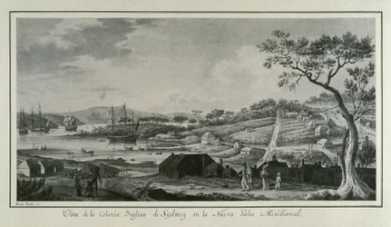 MALASPINA, Alejandro (1754-1809). Navegador e explorador italo-espanhol; BRAMBILA, Fernando (1763-1834). Pintor. Austrália (séc. XVIII). Colónia inglesa de Nova Gales do Sul. Desenho de Fernando Brambila ilustrando a expedição científica de Alejandro Mal