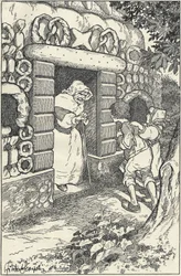 Duas crianças numa casa de maçapão no bosque. Ilustração de F. Scarpelli para Hansel e Gretel, baseada numa coleção dos irmãos Grimm. Branca de Neve e outros contos, Florença