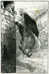 Fábula: "Atiraram-na pela janela e foi diretamente para o rio". Ilustração de Filiberto Scarpelli para o conto "Les petits nains du bois" (Os pequenos homens da floresta) da coleção dos irmãos Grimm "Branca de Neve e outros contos".