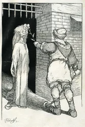 "Tocou primeiro na velha, que ficou estupefacta". Ilustração de Filiberto Scarpelli para a história "Bonsoir Ezechiel" da coleção de fábulas dos irmãos Jacob e Wilhelm Grimm "Branca de Neve e outros contos".