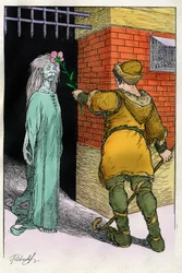 Ilustração de Filiberto Scarpelli (1870-1933) para a fábula "" Buona sera Ezzechiello "" (Boa noite Ezequiel) de uma coleção de fábulas dos Irmãos Grimm "Branca de Neve e outros contos"" aproximadamente 1920.