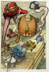 Ilustração de Filiberto Scarpelli (1870-1933) para a fábula "I servitori e il principe" (Os servos e o príncipe) de uma coleção de fábulas dos Irmãos Grimm "Branca de Neve e outros contos", aproximadamente 1920.