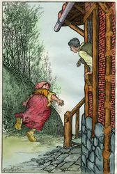 Ilustração de Filiberto Scarpelli (1870-1933) para a fábula "Toniotta la stolta "" (Toniotta la foolta) de uma coleção de fábulas dos Irmãos Grimm "Branca de Neve e Outros Contos"" aproximadamente 1920.