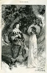Ilustração de Filiberto Scarpelli para o conto de fadas "Branca de Neve" de uma coleção de fábulas dos irmãos Jacob e Wilhelm Grimm, "Branca de Neve e outros contos de fadas".