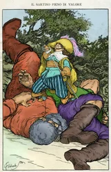 "Preparons la comedie dit - il" . Ilustração de Filiberto Scarpelli para o conto "A valente costureira" da coleção de fábulas dos irmãos Jacob e Wilhelm Grimm "Branca de Neve e outros contos".