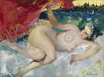 "Danae" Peinture de Filipp Andreevitch Maliavin (Maliavine) (ou Andreyevich Malyavin) (1869-1940) Privee de colecção