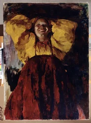 Mulher de Amarelo. Retrato de uma mulher alegre, vestindo um vestido tradicional, segurando as mãos atrás da cabeça. Pintura de Filipp Andreevich Maliavin (Maliavine) (ou Andreyevich Malyavin) (1869-1940), óleo sobre tela