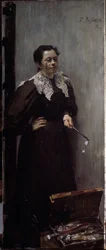 Retrato da Artista Anna Ostroumova Lebedeva (Ostroumova-Lebedeva) (1871-1955). Representado de pé atrás do seu equipamento de pintura, com binóculos no nariz e outro par na mão. Pintura por Filipp E