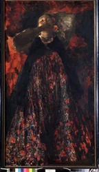 Uma menina (uma menina). Uma camponesa em traje tradicional. Pintura de Filipp Andreevich Maliavin (Maliavine) (ou Andreyevich Malyavin) (1869-1940), óleo sobre tela