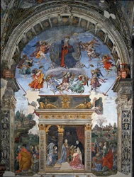 Assunção da Virgem e abaixo de São Tomás de Aquino que apresenta a Maria o Cardeal Oliviero Carafa Fresco por Filipino Lippi (1457-1504) 1488-1492 Roma, Igreja Santa Maria sopra Minerva, Capela Carafa Itália