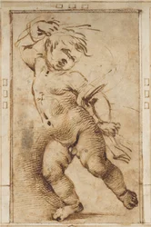 Dançando Putto segurando uma cortina