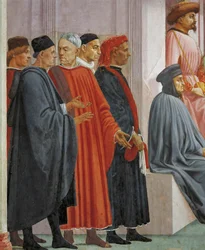 Homens em vestido medieval, detalhe de A Criação do Filho de Teófilo, de Tommaso Masaccio, fresco