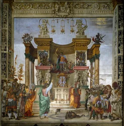 São Filipe expulsa o dragão do templo de Hierápolis. Fresco de Filippino Lippi (1457-1504), 1487-1502, capela Strozzi, Santa Maria Novella, Florença