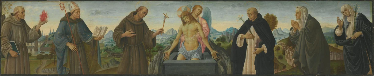 Homem das Dores e seis santos (Santo António de Pádua, Luís de Toulouse, Francisco, Domingos, Clara e Catarina de Sena)