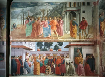 O dinheiro da Homenagem, de Tommaso Masaccio, A Criação do Filho de Teófilo e São Pedro entronizado, de Tommaso Masaccio e Filippo Lippi, afrescos