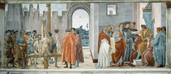 A disputa entre Simão o Feiticeiro (o Mago ou Simão de Samaria, morreu 65) (com Nero (37-68) no trono) e a Crucificação de São Pedro (A Disputa com Simão Mago e A Crucificação de São Pedro) - Fresco de Filipino Lippi (1457-1504), 232x588 c