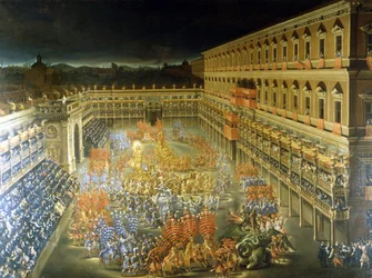 Festa no Palazzo Barberini em honra de Christine de Suede (Cristina di Svezia), 28/02/1656 Pintura de Filippo Lauri (1623-1694) e Filippo Gagliardi (falecido em 1659). Século XVII Roma, Museu de Roma