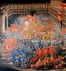 Fete no Palazzo Barberini em homenagem a Christine de Suede (Cristina di Svezia), em 28/02/1656 Detalhe. Pintura de Filippo Lauri (1623-1694) e Filippo Gagliardi (falecido em 1659). Roma do século XVII, Museu de Roma