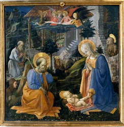 Adoração da criança com São Jerônimo, São Hilário, Santa Madalena e Anjos Detrempe sobre madeira por Filippo Lippi (1406-1469) 1455 ao redor de Florença, Galleria degli Uffizi (Escritórios) - A adoração com São José, São Jerônimo, Maria Madalena e Santa Il