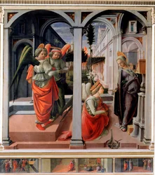 Anunciação Detrempe em madeira por Filippo Lippi (ca. 1406-1469) 1440 aproximadamente. Sol. 175,25x183 cm Florença, Igreja de São Lourenço, Capela Martelli
