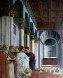 Ciclo sobre a vida de Santo Estêvão: "O funeral de Santo Estêvão". (The esequie di santo Stefano) Detalhe. Fresco por Filippo Lippi (ca. 1406-1469) 1452-1465 Prato, Cattedrale di Santo Stefano (Duomo) Itália - Histórias da Vida de Santo Estêvão. Funeral,