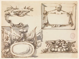 Desenho, Um escudo, um troféu, uma etiqueta, um motivo decorativo para um friso, 1750-75