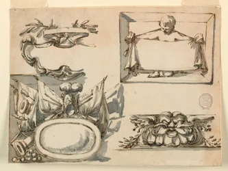 Desenho, Um escudo, um troféu, uma etiqueta, um motivo decorativo para um friso, 1750-75