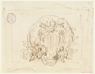 Desenho, Tábua com o brasão de armas do Papa Bento XIV com concha como fundo, 1740-58