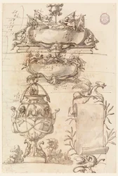 Desenho, Dois escudetes, vaso decorativo e uma voluta, 1750-75