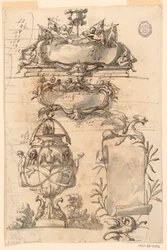 Desenho, Dois escudetes, vaso decorativo e uma voluta, 1750-75