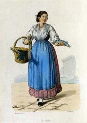 Pequeno comércio do Reino de Nápoles: Jovem servo napolitano de regresso da marcha. Gravura segundo uma pintura de F. Palizza. De uma obra de Francesco de Bourcard "Costumi del regno di Napoli"
