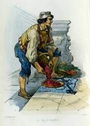 Pequeno comércio da cidade de Nápoles: o "fragolaro", um comerciante de morangos napolitano. Gravura segundo uma pintura de F. Palizza. De uma obra de Francesco de Bourcard "Costumi del regno di Napoli"