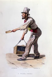 Pequeno comércio da cidade de Nápoles: o engraxador de sapatos. Gravura a partir de uma pintura de F. Palizza. De uma obra de Francesco de Bourcard "Costumi del regno di Napoli"