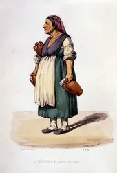 Pequeno comércio da cidade de Nápoles: vendedora ambulante de água sulfurosa. Gravura segundo uma pintura de F. Palizza. De uma obra de Francesco de Bourcard "Costumi del regno di Napoli"