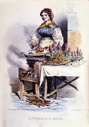 Pequeno comércio da cidade de Nápoles: vendedora ambulante de zeppolle, specialite patissiere de Nápoles. Gravura a partir de uma pintura de F. Palizza. De uma obra de Francesco de Bourcard "Costumi del regno di Napoli"