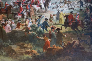 Caça ao veado (Caccia al cervo), de Vittorio Amedeo Cignaroli (1730-1800), óleo sobre tela, salão dos escudeiros, residência de caça, de Filippo Juvarra (1678-1736), Stupinigi, Piemonte, Itália