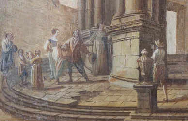 Cena do género, óleo sobre madeira, detalhe das persianas do salão, apartamento da rainha, residência de caça, de Filippo Juvarra (1678-1736), Stupinigi, Piemonte, Itália