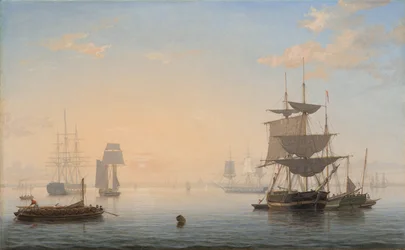 Porto de Boston, com a cidade à distância