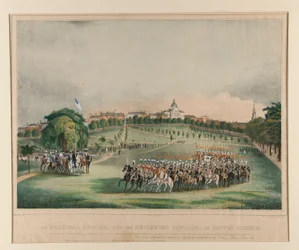 Os National Lancers com os oficiais que passam revista no Boston Common