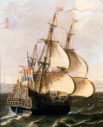 Um galeão da companhia holandesa das Índias Orientais Anónimas da escola flamenga. Museo Navale do século XVII, Genes