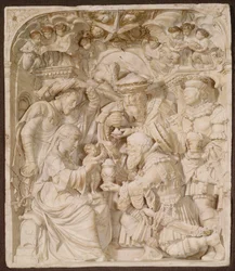 Adoração dos Magos, alabastro e relevo dourado pintado, flamengo, inscrito `AH, c.1540
