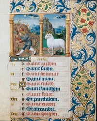 Calendário, o mês de Março, um camponês semeador e o campanário. Página tirada de um livro de horas ms. 47, iluminado pela escola flamenga. Século XVI Badia de 