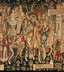 Catedral (La Seo. Ca tedral del Salvador de Zaragoza). O museu da tapeçaria. A tapeçaria flamenga. A lenda da Santa Cruz (La leyenda de la Santa Cruz, de legende van het Heilig Kruis). Detalhe. Ca. 1450. 430x1120cm.