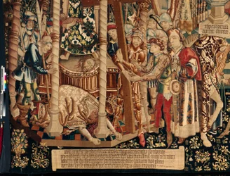 Catedral (La Seo. Ca tedral del Salvador de Zaragoza). O museu da tapeçaria. A tapeçaria flamenga. A lenda da Santa Cruz (La leyenda de la Santa Cruz, de legende van het Heilig Kruis). Detalhe. Ca. 1450. 430x1120cm.