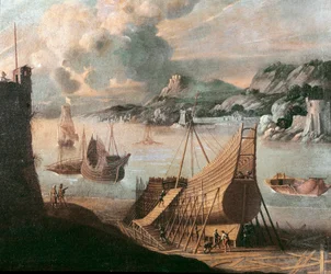 Construção de um galeão num estaleiro naval genovês (pintura