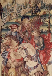Detalhe dos Trompetistas a cavalo, da Tapeçaria de Davi e Bate-Seba, 1510-15