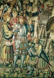 Detalhe de Urias, o hitita, armado de Montando os Cavaleiros, da tapeçaria de Davi e Bate-Seba, c.1510-15 (ver também 98092)